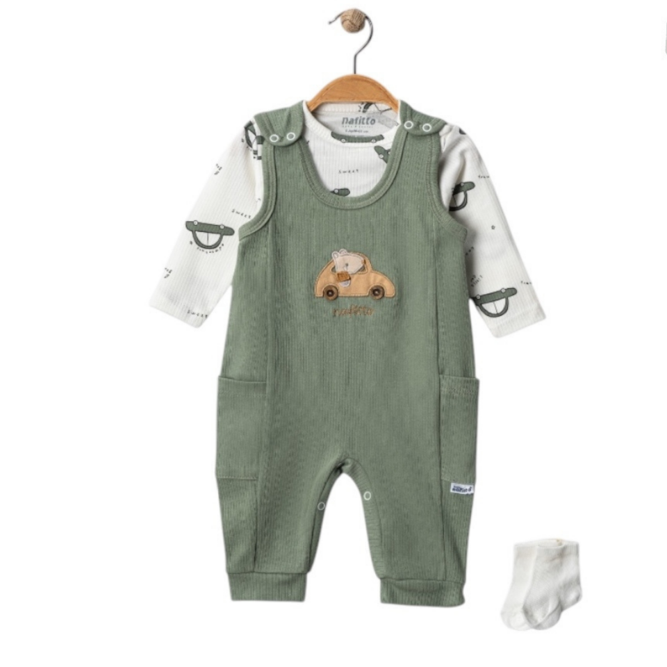 Erkek Bebek Arabalı Çorap Hediyeli Salopet Takım