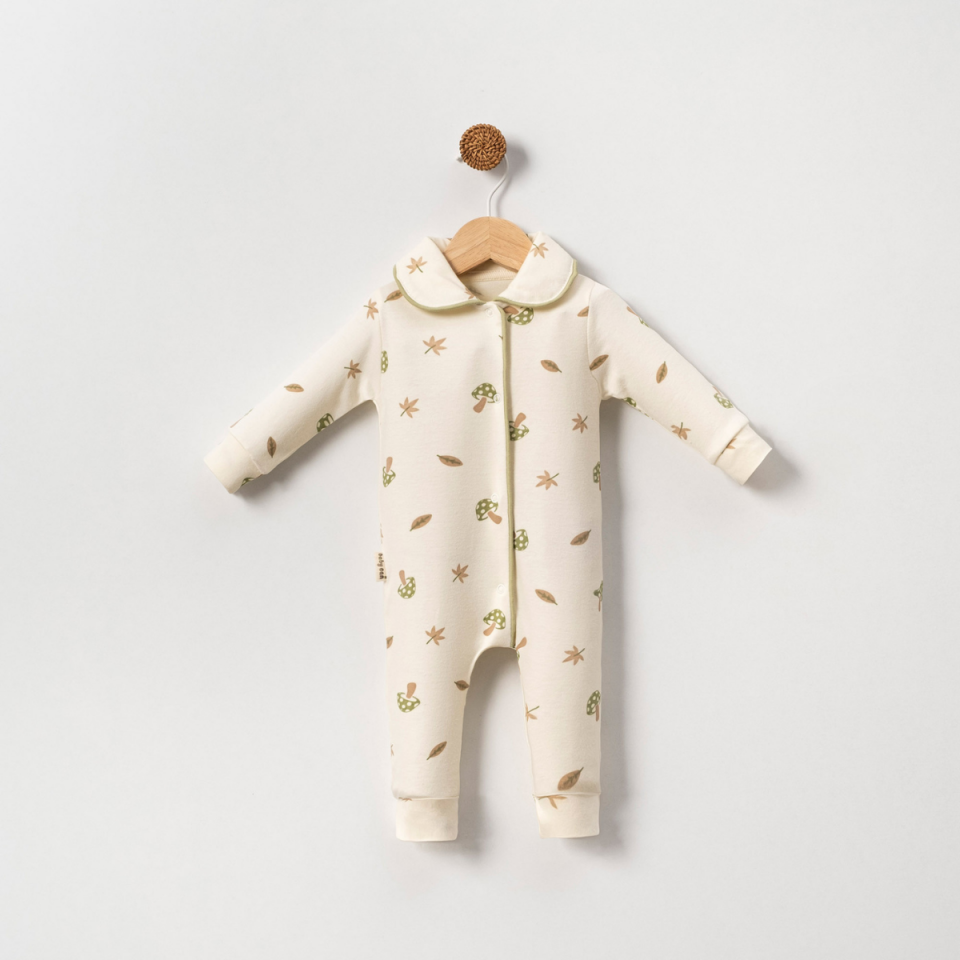 Mantar Baskılı Kıl Biyeli Çıtçıtlı Unisex Bebek Tulum