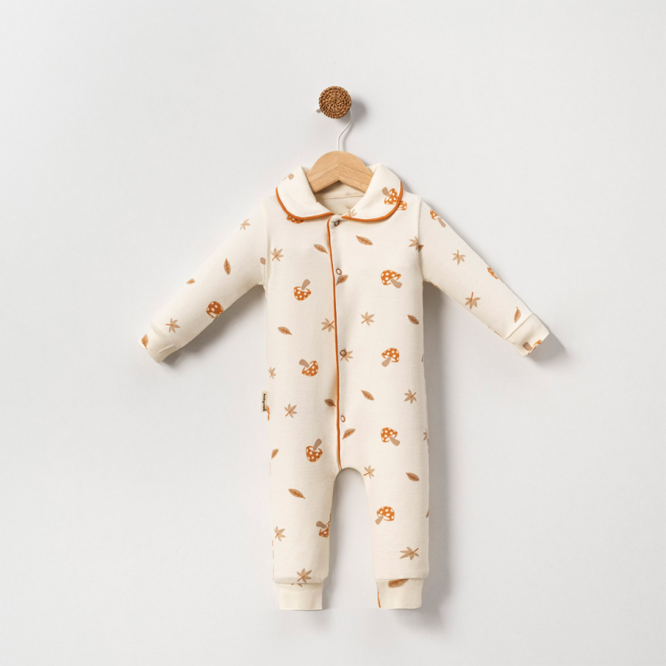 Mantar Baskılı Kıl Biyeli Çıtçıtlı Unisex Bebek Tulum