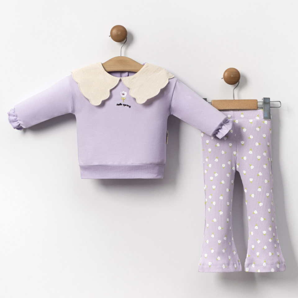 Brode Yaka Lale Nakış ve Baskılı Kız Bebek Takım