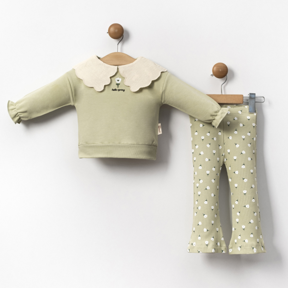 Brode Yaka Lale Nakış ve Baskılı Kız Bebek Takım