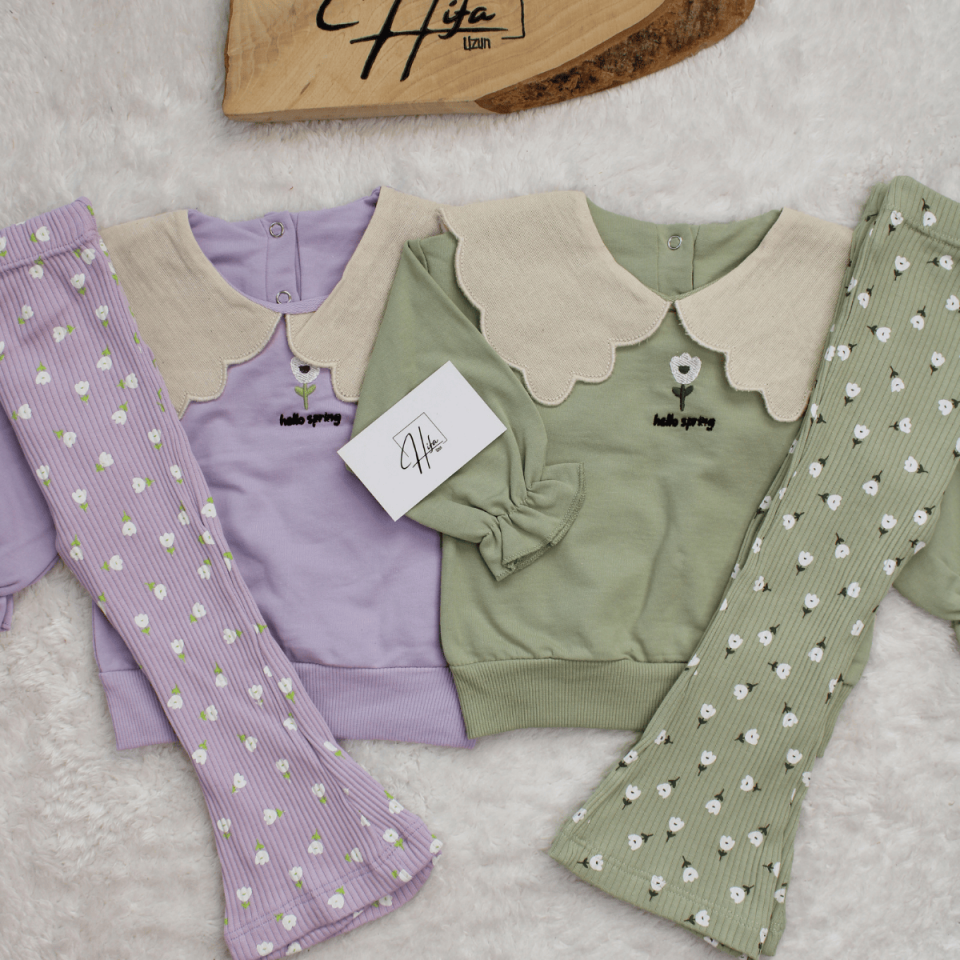 Brode Yaka Lale Nakış ve Baskılı Kız Bebek Takım