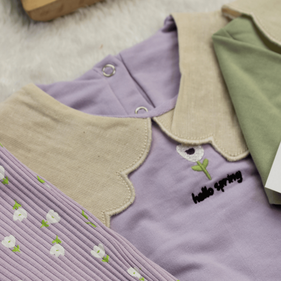 Brode Yaka Lale Nakış ve Baskılı Kız Bebek Takım