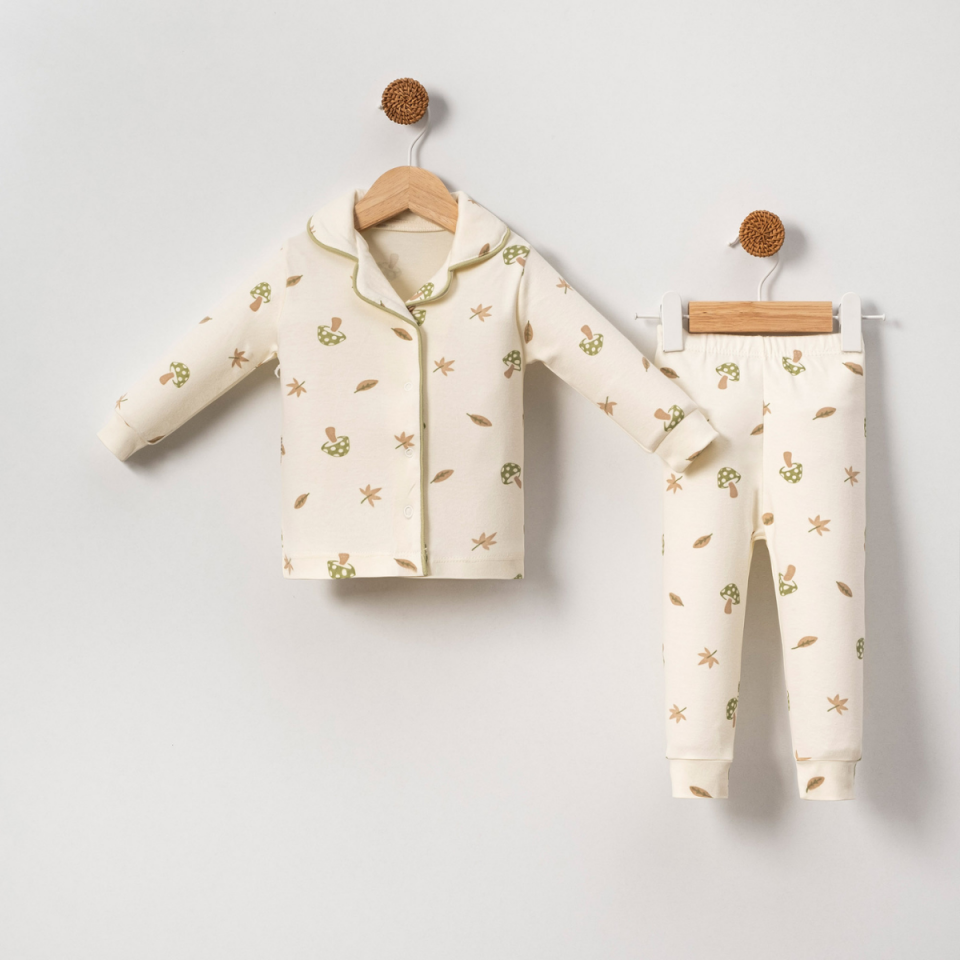 Mantar Baskılı Kıl Biyeli Çıtçıtlı Unisex Bebek Pijama Takım