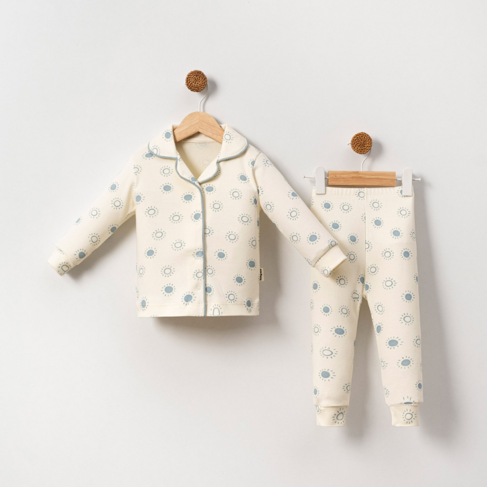 Güneş Baskılı Kıl Biyeli Çıtçıtlı Unisex Bebek Pijama Takım
