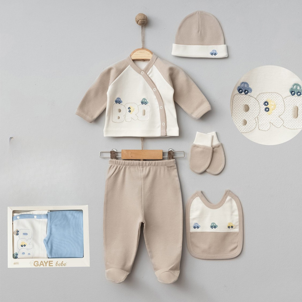 Erkek Bebek Bro Araba Nakışlı 5li Set (MAVİ RENK)