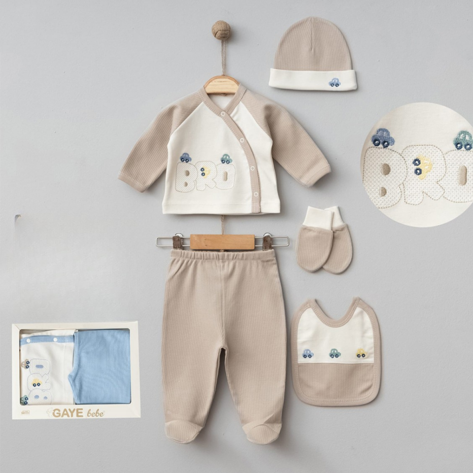 Erkek Bebek Bro Araba Nakışlı 5li Set (MAVİ RENK)