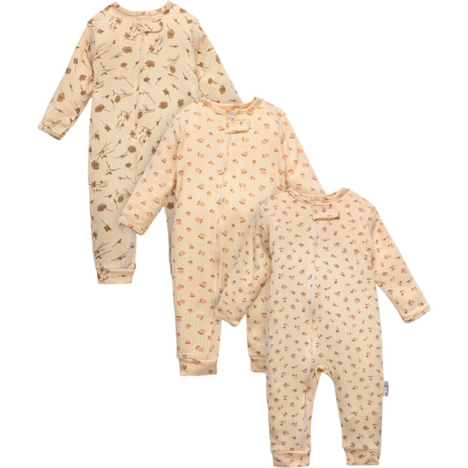 Kız Bebek Fermuarlı Çiçekli 3lü Tulum