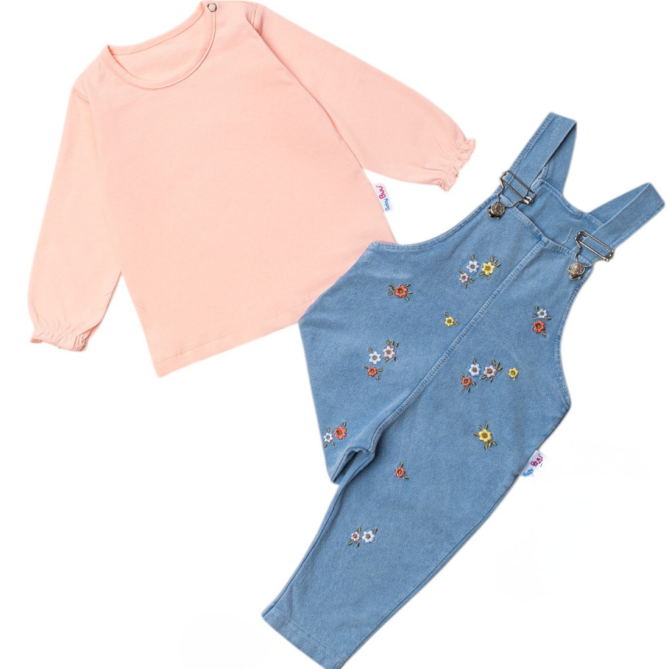 Kız Bebek Çiçekli Kot Salopet Takım