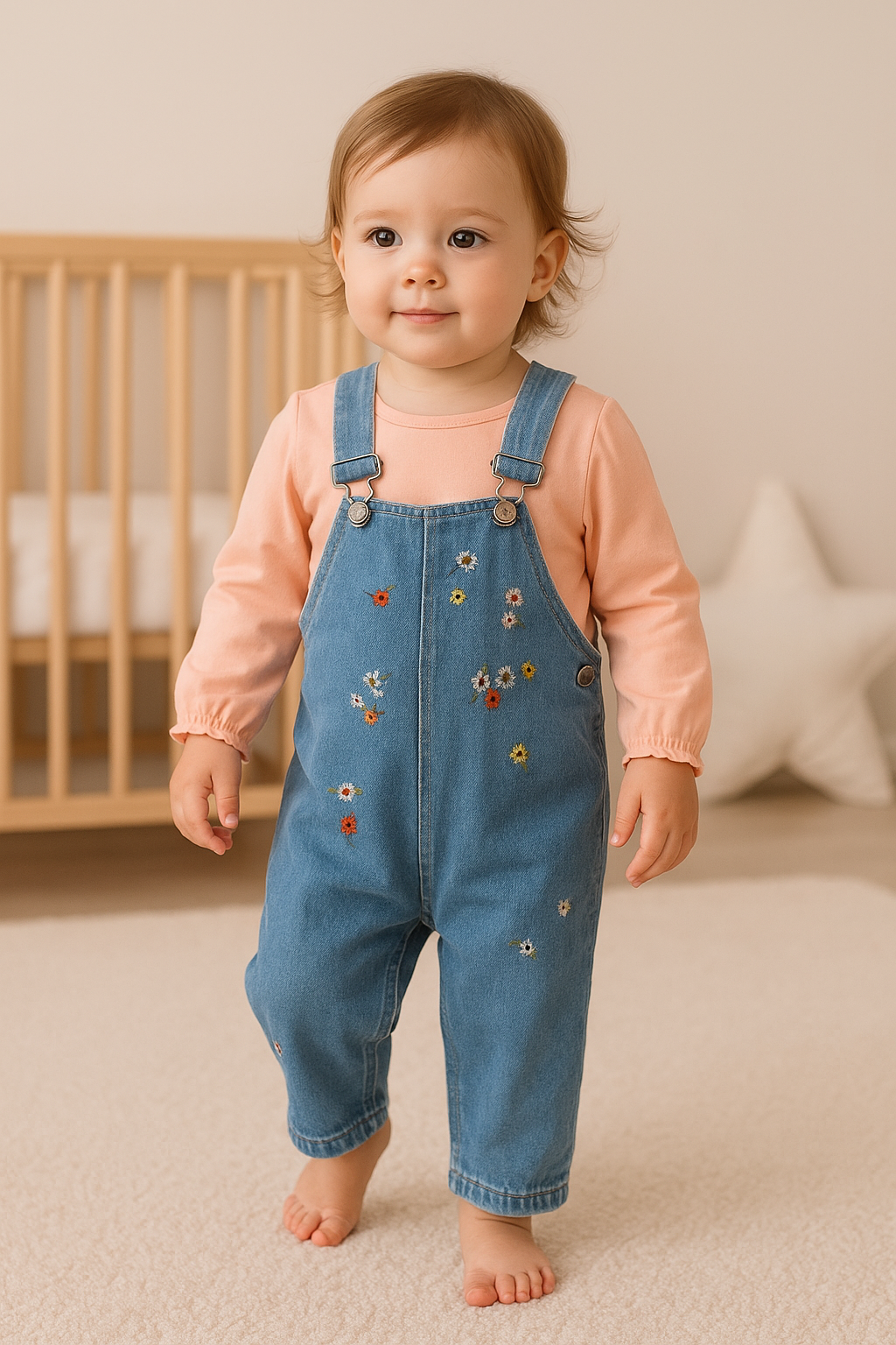 Kız Bebek Çiçekli Kot Salopet Takım