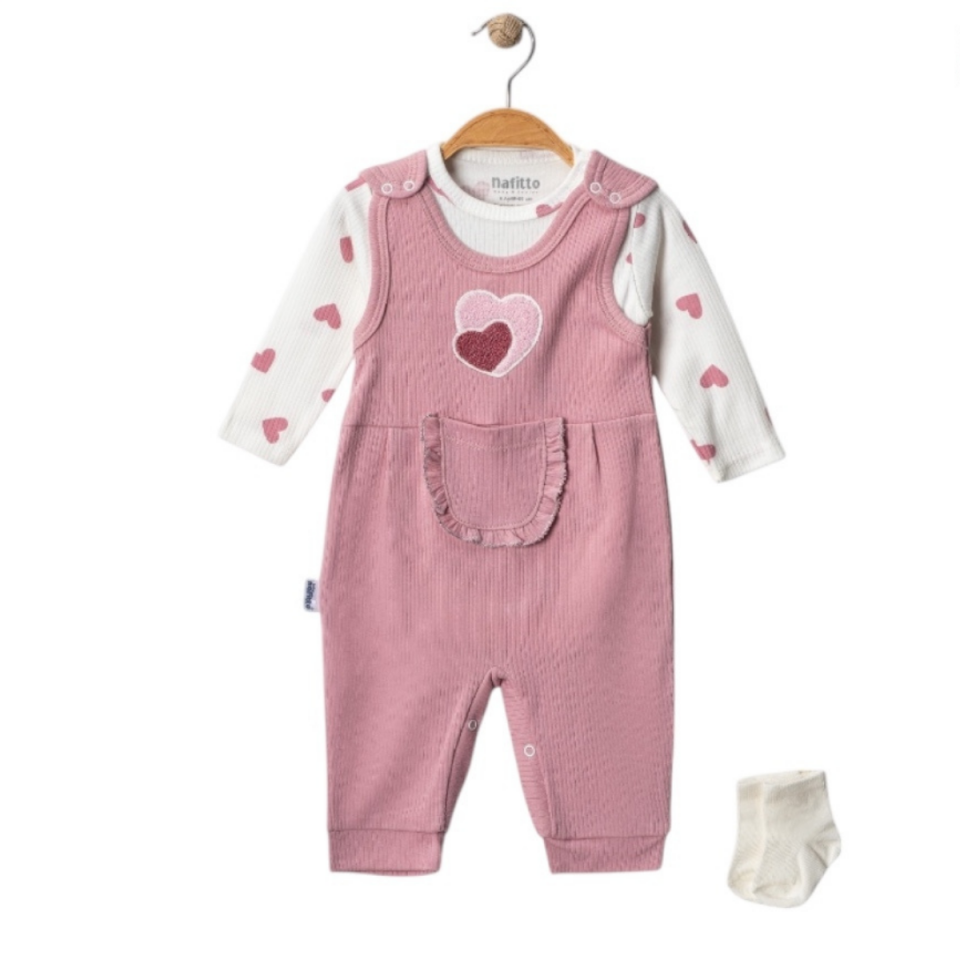 Kız Bebek Kalpli Çorap Hediyeli Salopet Takım