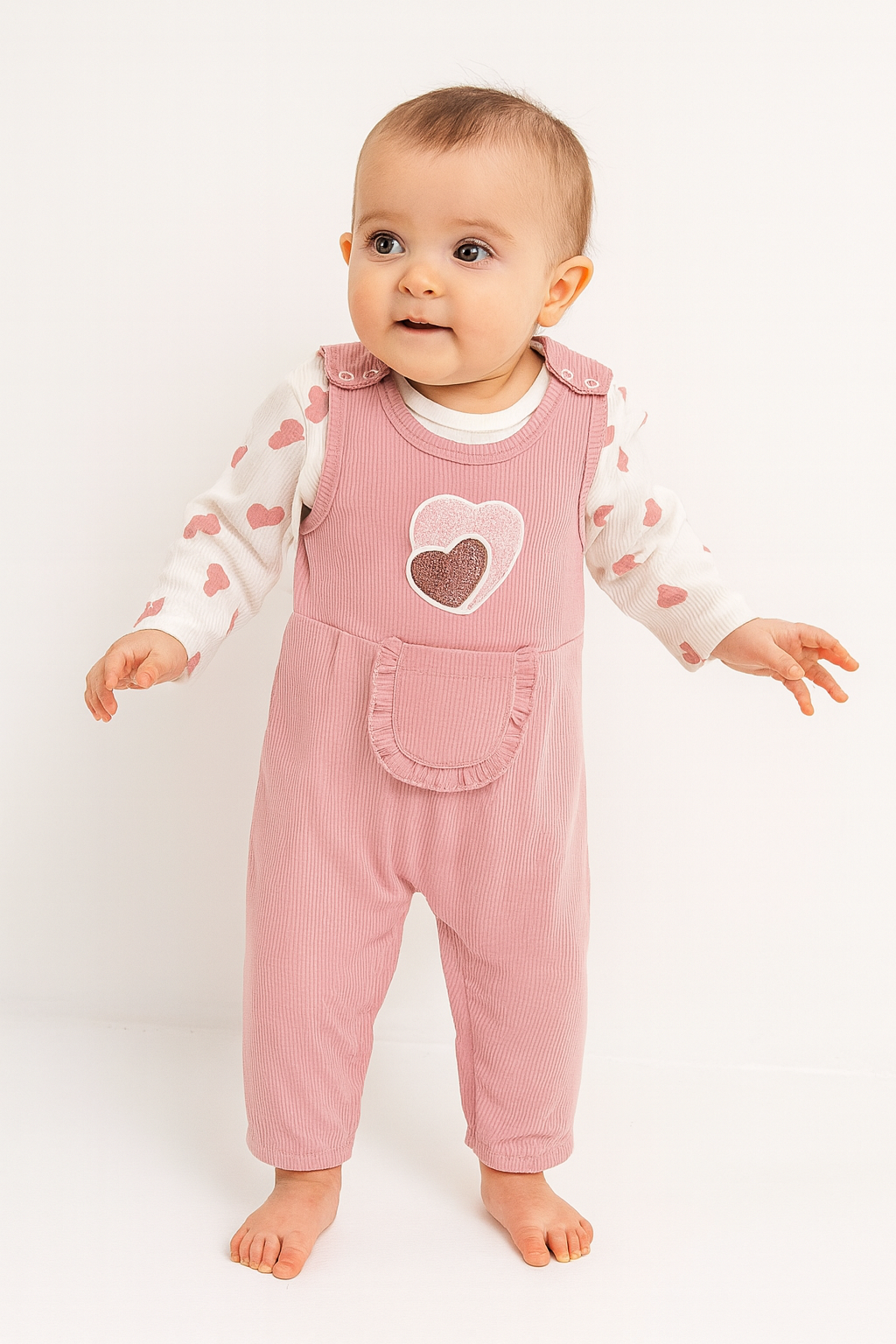 Kız Bebek Kalpli Çorap Hediyeli Salopet Takım