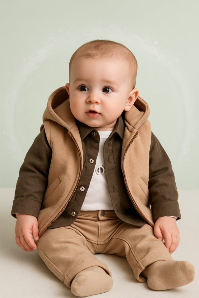 Erkek Bebek Waffle Yelekli 4lü Takım