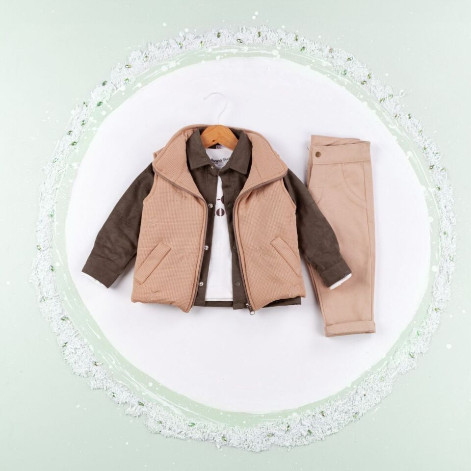 Erkek Bebek Waffle Yelekli 4lü Takım