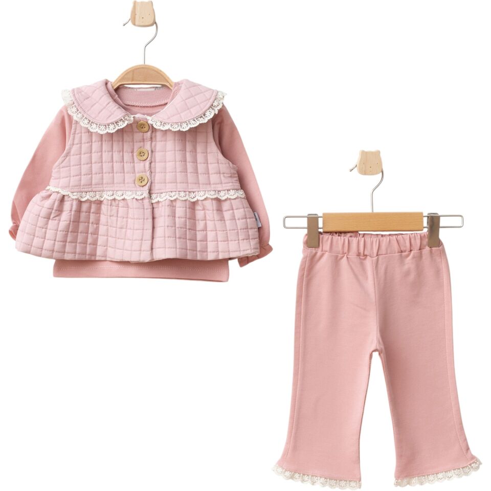 Kız Bebek Kelebekli Kapitone Yelekli 3lü Takım