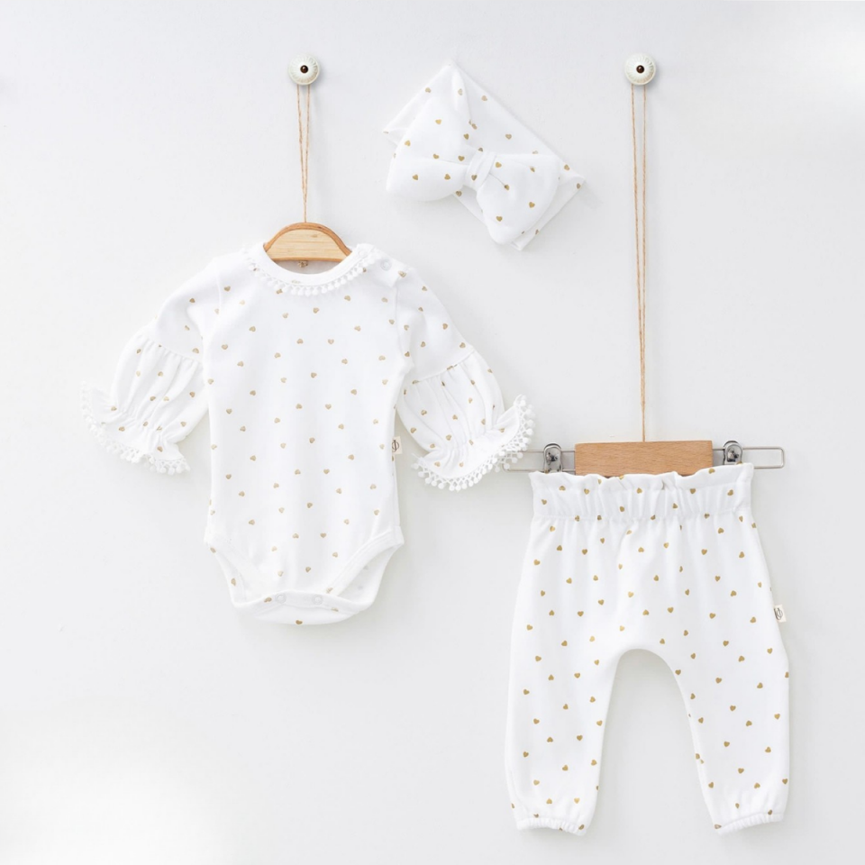 Kız Bebek Premium Simli Kalp Detaylı 3lü Takım