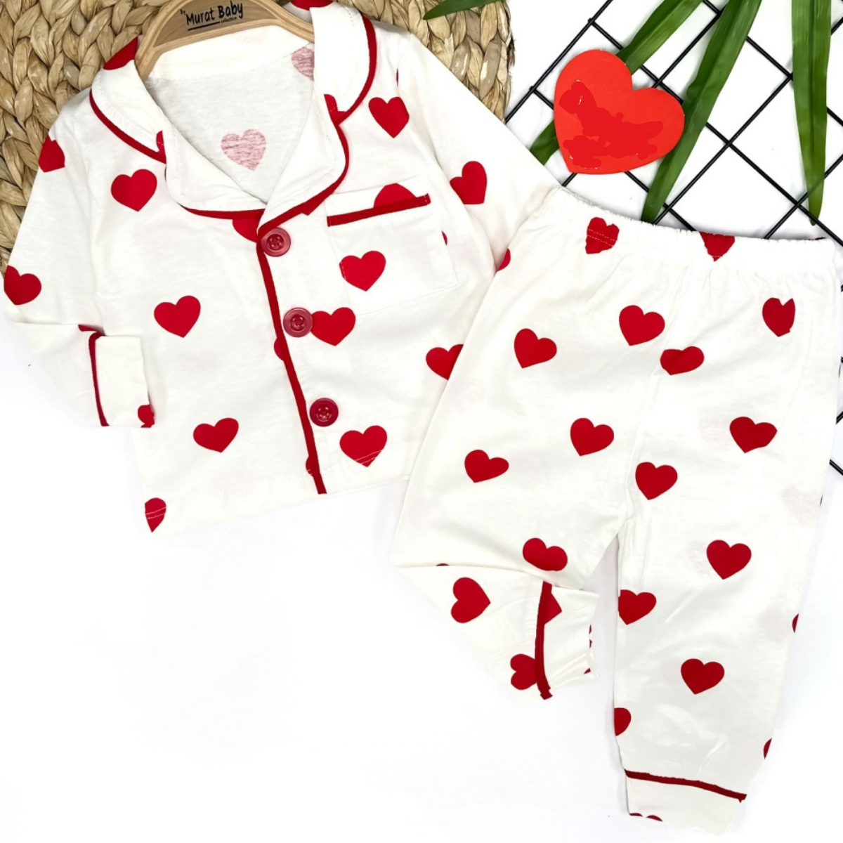 Kalp Baskılı Kız Bebek Çocuk Pijama Takım