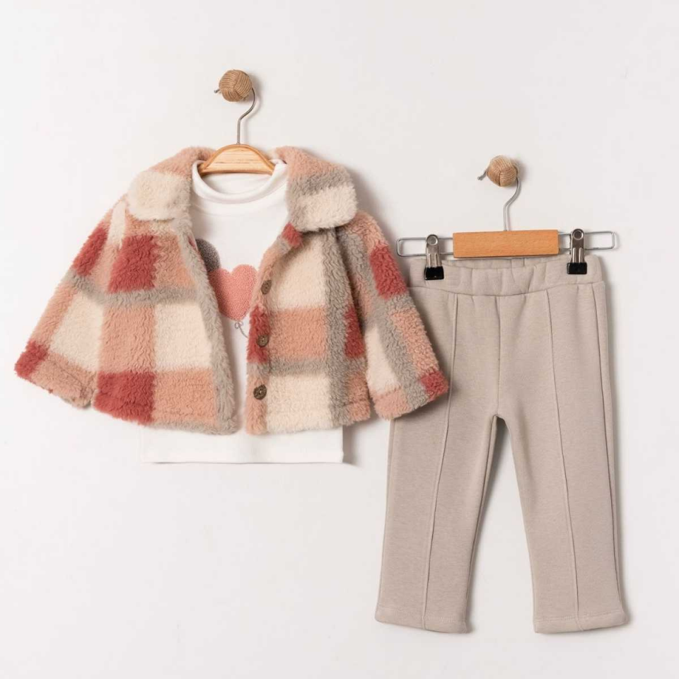 Ekoseli Peluş Ceketli Kız Bebek 3'lü Takım