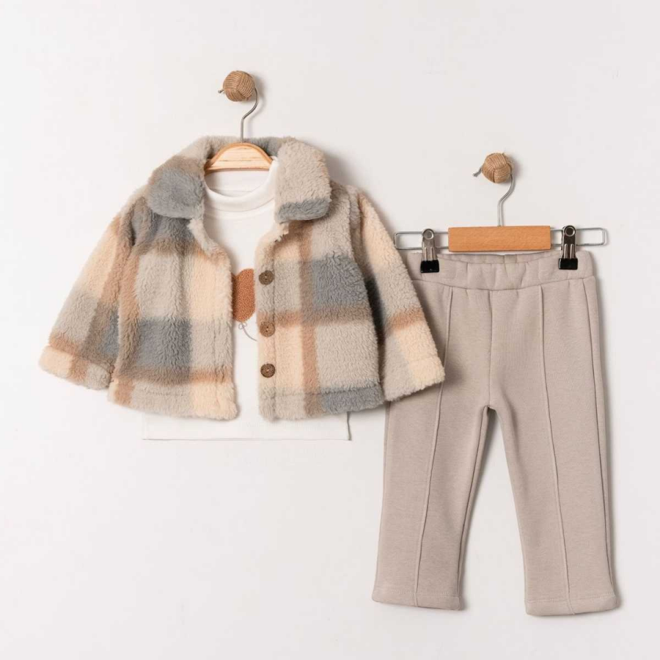 Ekoseli Peluş Ceketli Kız Bebek 3'lü Takım