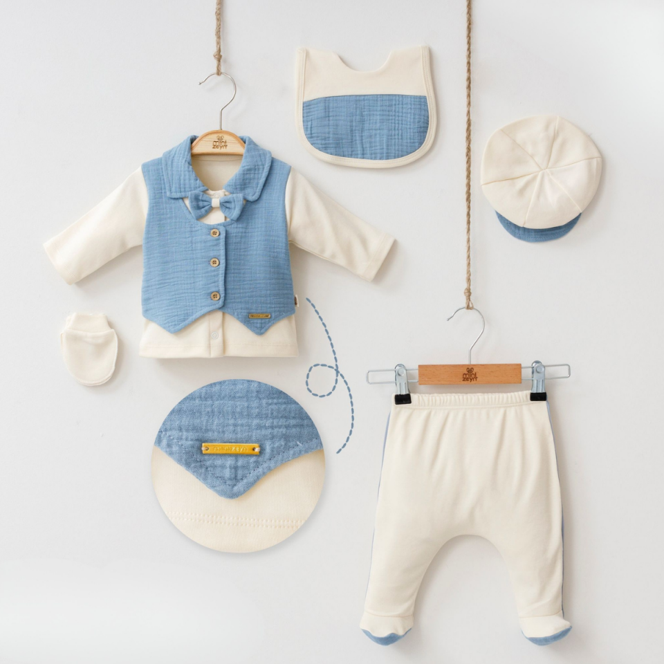 Müslin Detay Erkek Bebek 5'li Hastane Çıkışı Set