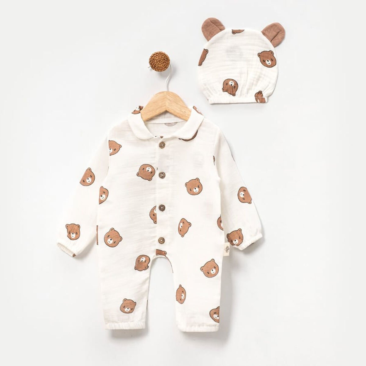 Ayıcıklı Şapkalı Müslin Erkek Bebek Tulum Ekru