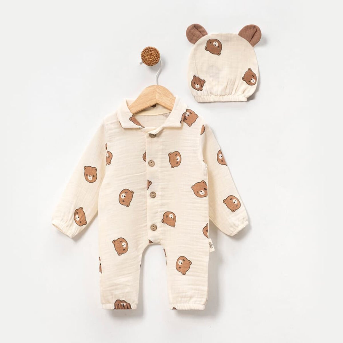 Ayıcıklı Şapkalı Müslin Erkek Bebek Tulum Krem