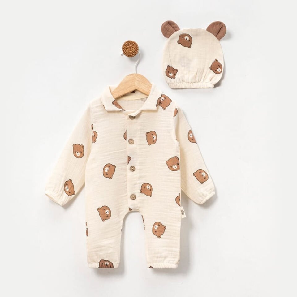 Ayıcıklı Şapkalı Müslin Erkek Bebek Tulum Krem