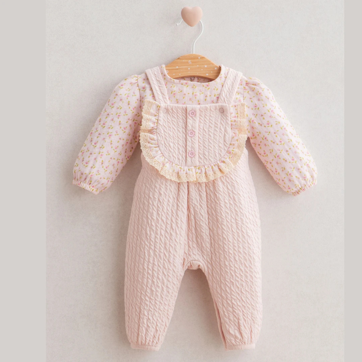 Çiçek Baskılı Kız Bebek Salopet 2'li Takım