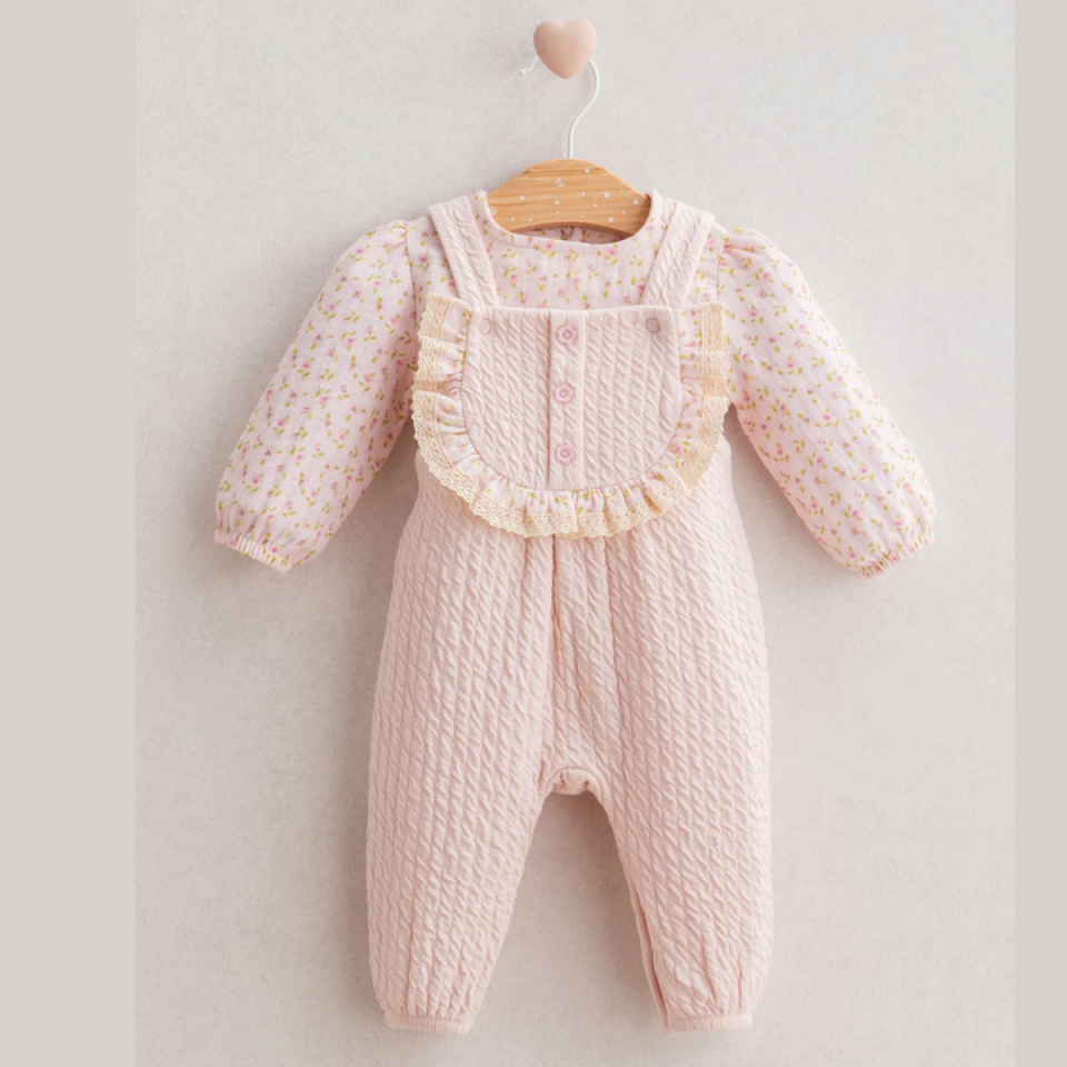 Çiçek Baskılı Kız Bebek Salopet 2'li Takım