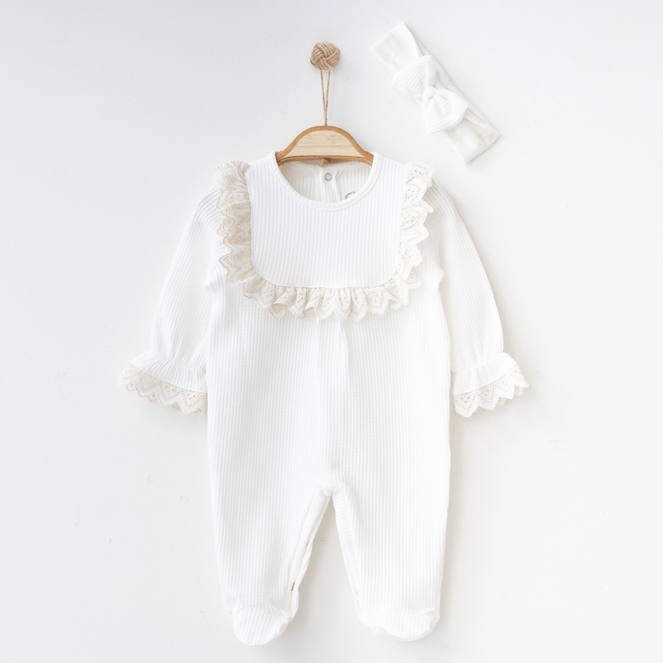 Fistolu Fırfırlı Waffle Kız Bebek Tulum Ekru