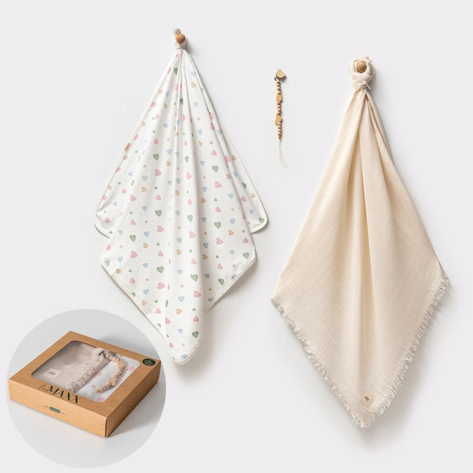 Renkli Kalpli Kutulu Bebek Battaniye Set