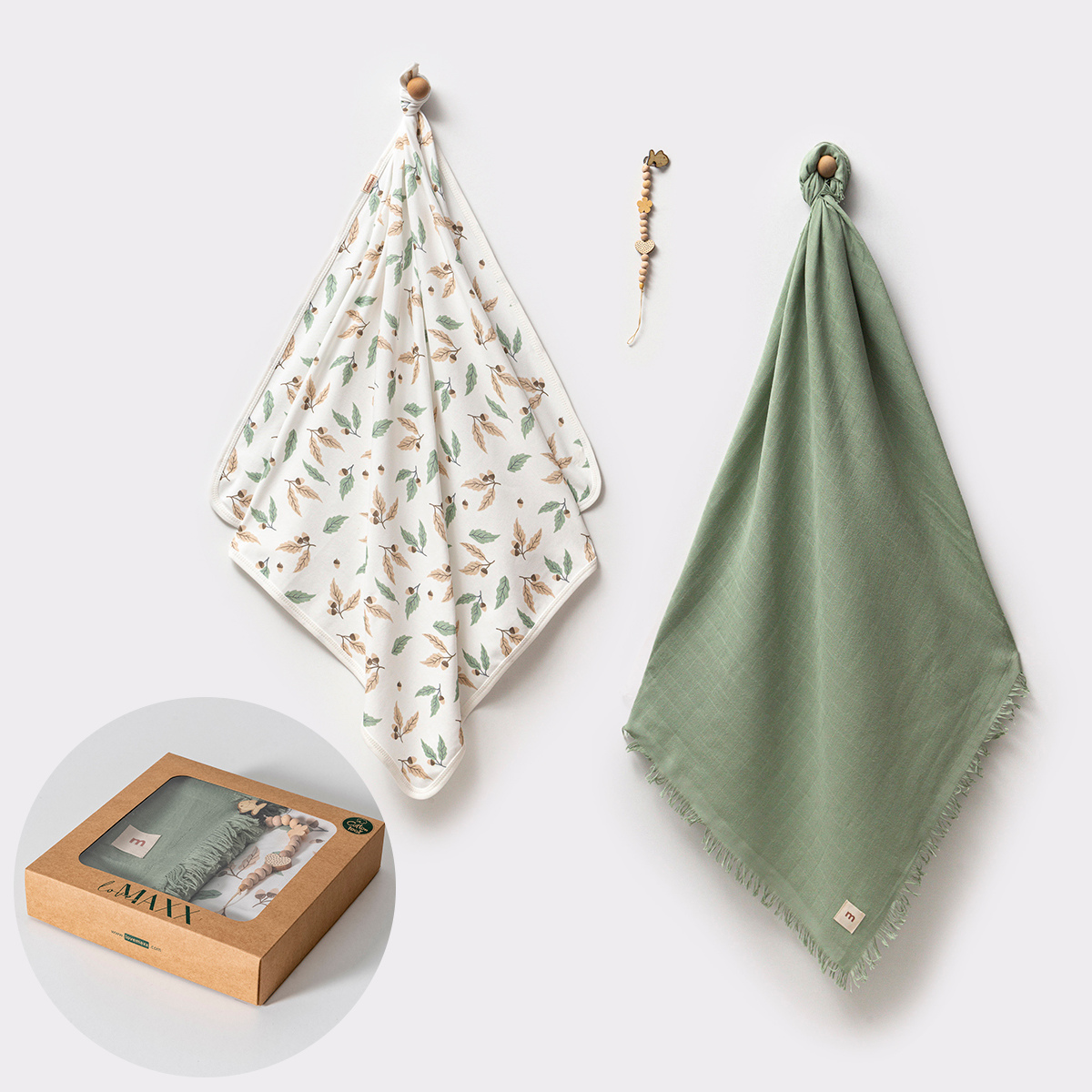 Yaprak Baskılı Kutulu Bebek Battaniye Set